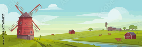 A picturesque view of a charming windmill amid rolling hills and a tranquil river, featuring red barns and grazing cows, invoking a peaceful rural lifestyle.