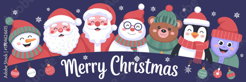 This joyful image features a delightful ensemble of Christmas characters including Santa, penguins, and a bear, all adorned in cheerful hats and scarves celebrating the holiday season.