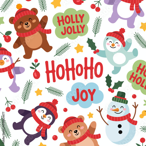 An adorable illustration featuring playful winter animals including bears, penguins, and snowmen, celebrating the joyful spirit of Christmas with vibrant colors and hats.