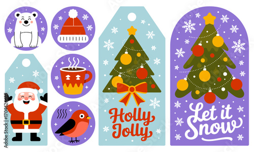 This colorful collection showcases festive holiday tags featuring cheerful elements like Santa, polar bears, and cozy drinks, perfect for holiday gifts and seasonal decor.