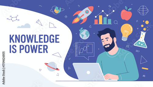 An eye-catching design depicting a happy man working on a laptop surrounded by educational icons, showcasing the relationship between knowledge and personal empowerment.