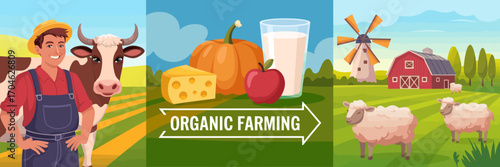 This vibrant image showcases a farmer, cow, and various fresh produce including pumpkin, apple, and cheese, all representative of organic farming practices.