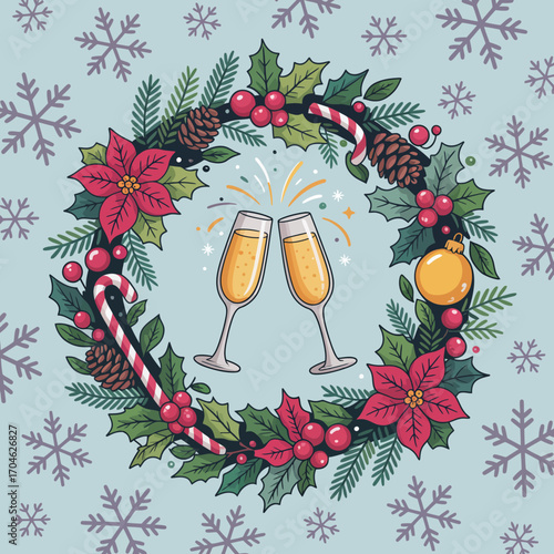 This image showcases a beautifully crafted wreath complete with champagne glasses and festive decorations, symbolizing joy, celebration, and togetherness during the holidays.