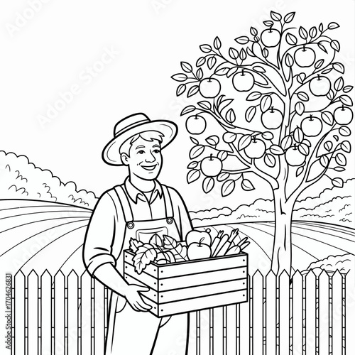 This black and white coloring page features a smiling farmer holding a basket of harvested fruits and vegetables under an apple tree in a scenic farm setting.