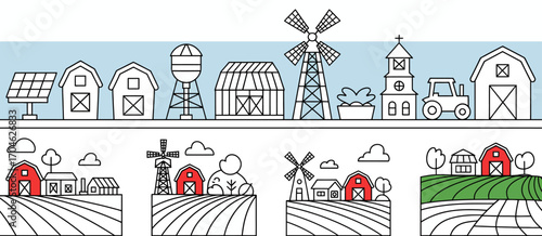 A vibrant illustration showcasing a farm landscape featuring solar panels, a red barn, wind turbines, and lush fields that embody sustainable agriculture and rural life.