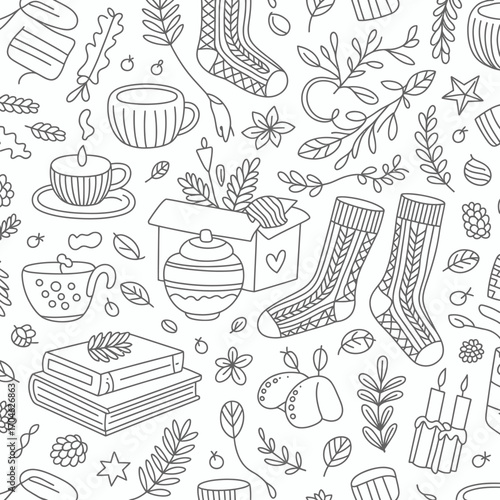 This detailed black and white pattern features cozy items and nature elements, creating a whimsical atmosphere perfect for homely and comfortable art projects or decor.