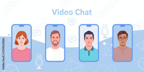 A captivating video chat scene showcasing diverse individuals engaging dynamically with technology, representing modern human connection in a virtual format.