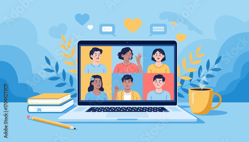 A lively illustration of a virtual chat featuring a diverse group of young people, capturing the essence of friendship, connection, and joy in online communication.