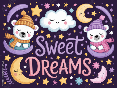 Adorable polar bears in rocking chairs, wearing hats and surrounded by stars and moons evoke a comforting, dreamlike nighttime scene perfect for kids' rooms.