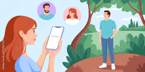 A woman prepares to connect with someone new through her smartphone, emphasizing the ease of making connections in vibrant outdoor spaces that enhance interaction.