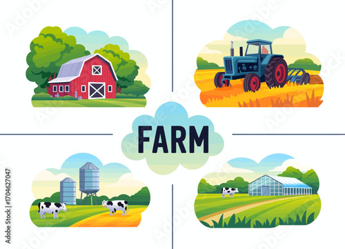 This delightful image captures a nostalgic view of farm life, featuring cows, barns, and tractors against a picturesque rural background filled with green fields.