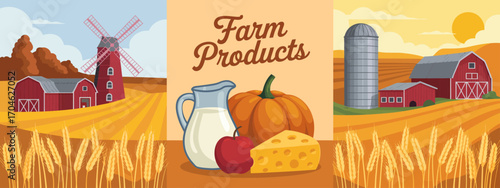 A picturesque scene showcasing farm products like milk, cheese, and pumpkins alongside classic barn structures, celebrating the essence of rural heritage and freshness.