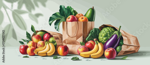 A vibrant display of assorted fruits and vegetables, beautifully arranged in eco-friendly paper bags, showcasing health and freshness in everyday grocery shopping.