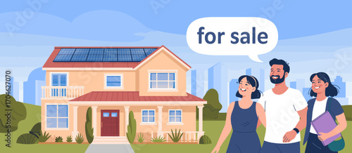 A charming house equipped with solar panels is depicted for sale, combining modern technology with energy efficiency, appealing to eco-conscious home buyers and families.