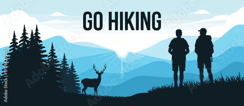 Two figures admire the stunning beauty of the mountains, emphasizing the allure of hiking and the connection people have with nature, encouraging exploration.