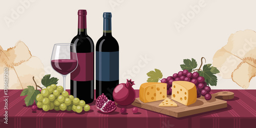 The image showcases a rustic set of gourmet wine bottles, cheese, and fresh grapes beautifully arranged on a table, capturing a classy and inviting atmosphere.