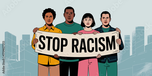 A diverse and engaged group advocates for anti-racism, holding a bold banner stating 'Stop Racism,' emphasizing the importance of unity and awareness in society.