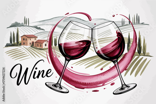 Two elegant wine glasses clink together amidst a picturesque landscape, capturing the essence of celebration, fine wine, and natural beauty in a harmonious setting.