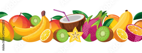 A vibrant assortment of fruits, including bananas, mangoes, and a coconut drink, beautifully arranged to convey freshness and taste. Ideal for summer themes or food promotions.