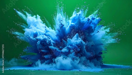 Vibrant Blue Ink Explosion in Green Background.