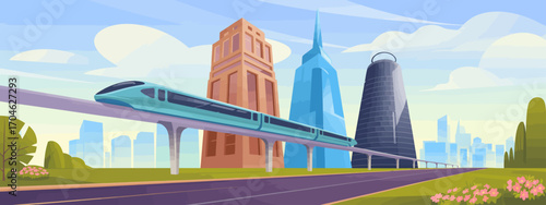 This illustration features a dynamic monorail traveling through an urban landscape, highlighting a blend of architecture and modern lifestyle fervor in the city.