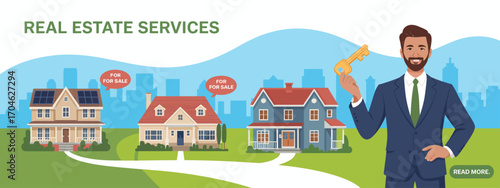 The vibrant image features multiple 'for sale' homes, emphasizing the real estate market while showcasing a confident realtor with a key, inviting potential buyers.