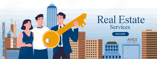 A professional looking man holds a large golden key alongside two smiling individuals in front of a vibrant city backdrop, illustrating successful real estate services.