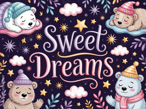 This delightful image showcases different bears resting on clouds with stars, creating a serene and dreamlike ambiance ideal for children's bedtime art.