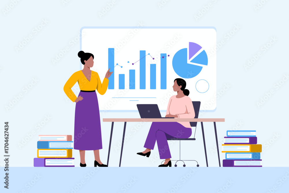 This vibrant illustration shows a business discussion focusing on data analysis with charts and graphs, highlighting active engagement and professional collaboration.