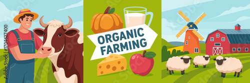This charming image portrays a smiling farmer with a cow, fresh apple, pumpkin, and cheese, emphasizing the wholesome essence of organic farming.