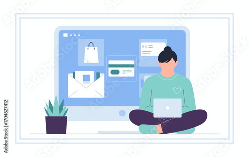 This image illustrates a woman happily shopping online from the comfort of her home, embodying the joy and convenience of modern e-commerce in a digital age.