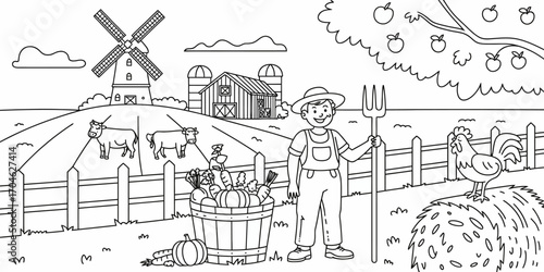 This sunny farm landscape depicts a cheerful farmer holding a pitchfork, surrounded by cows and bountiful harvest baskets, embodying the joy of rural agricultural life.