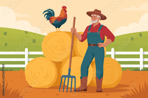 A senior farmer poses confidently with a pitchfork by hay bales on his farm, showcasing the lasting connection and joy of farming through the years.