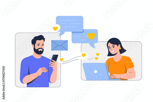 The illustration highlights a cheerful digital exchange between two people, represented by messages and love heart symbols indicating their connection and affection online.