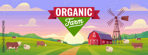 A picturesque organic farm landscape featuring a red barn, cows grazing, a windmill, and a serene sunset sky, creating a tranquil rural atmosphere.