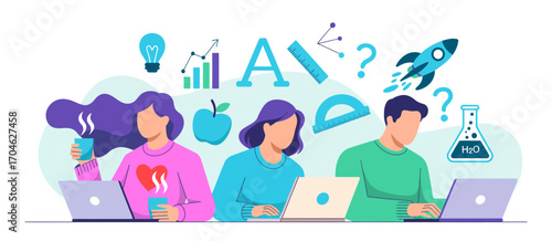 A collaborative setting featuring three students working on laptops, infused with symbols of inspiration and innovation, promoting thoughtful discussions and knowledge exchange.
