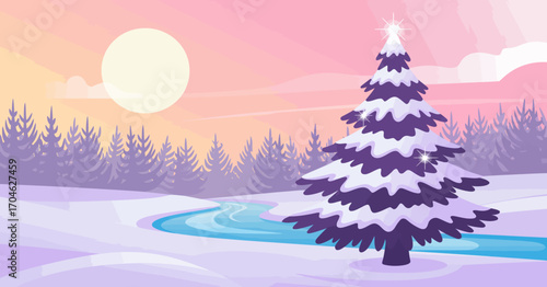 An enchanting winter scene with a snow-covered pine tree and a gentle river illuminated by a warm sunset glow, symbolizing tranquility and the beauty of nature.