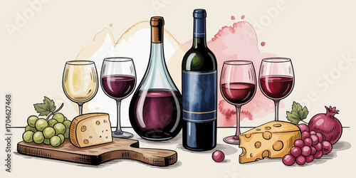 This artistic depiction features a sophisticated assortment of wine bottles and cheese paired with grapes, evoking an elegant and indulgent culinary experience.