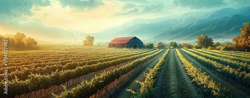 Sunlit vineyard rows stretching toward a rustic barn with distant mountains under a partly cloudy sky in a peaceful rural landscape