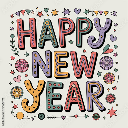 A colorful and artistic depiction of the phrase 'Happy New Year' embellished with diverse patterns and playful elements, capturing the festive spirit of new beginnings.