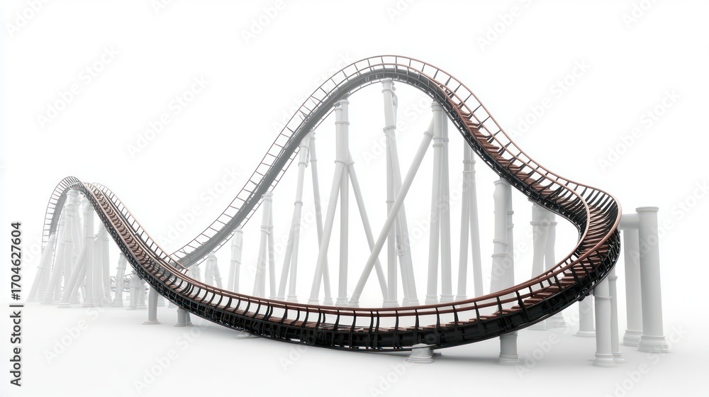 Fototapeta premium Futuristic metallic roller coaster structure with smooth curves and multiple supporting pillars in a bright minimal setting