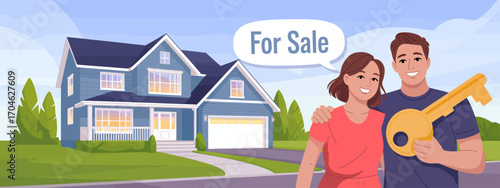 A couple stands outside a charming blue house holding a large key, symbolizing homeownership and their readiness to sell the property as it is marked for sale.