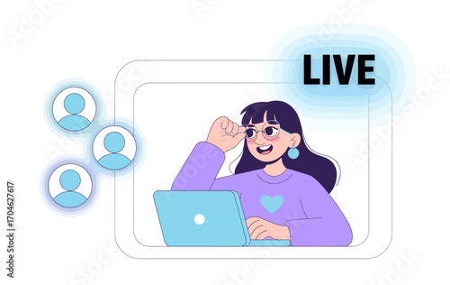 A vibrant representation of a cheerful individual during a live stream, enhancing viewer interaction through a digitally illustrated environment filled with energy and fun.