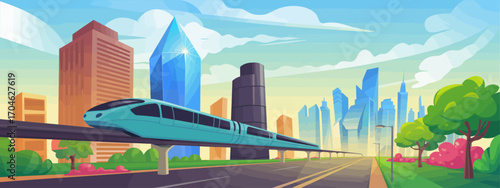 Experience a scenic journey as a futuristic monorail travels through an enchanting urban landscape filled with modern skyscrapers and blossoming trees.