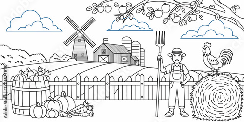 A whimsical farmyard scene featuring a farmer, animals, and a picturesque barn, exuding charm and celebrating the joys of life on the farm amidst a beautiful landscape.