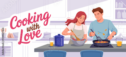 A loving couple shares a colorful cooking moment in a bright kitchen, embracing joy and creativity while preparing their favorite meal together, showcasing warmth and affection.