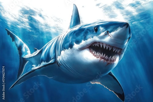 Close-up of a great white shark swimming underwater with its mouth open showing sharp teeth in a deep blue ocean environment