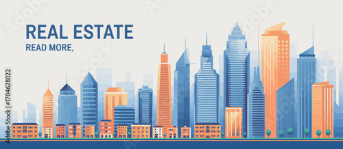 A colorful cityscape illustration highlighting an array of buildings, symbolizing the real estate sector, perfect for attracting potential investors and buyers.