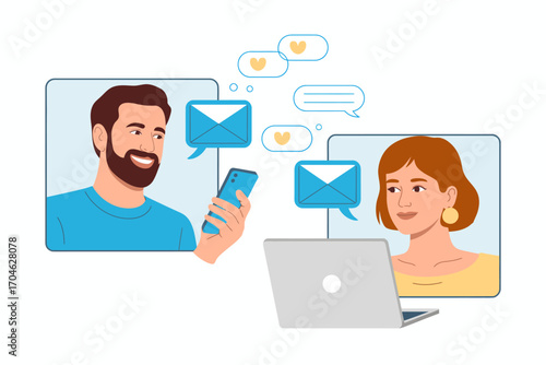This illustration vividly portrays two individuals engaged in a joyful online chat, represented by digital messaging bubbles, symbols of affection, and happy expressions.