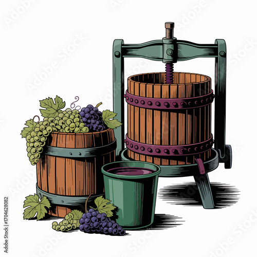 The image showcases a stylish representation of a grape cluster, wine press, and bucket, emphasizing the rich tradition of winemaking and emotional connection to the process.
